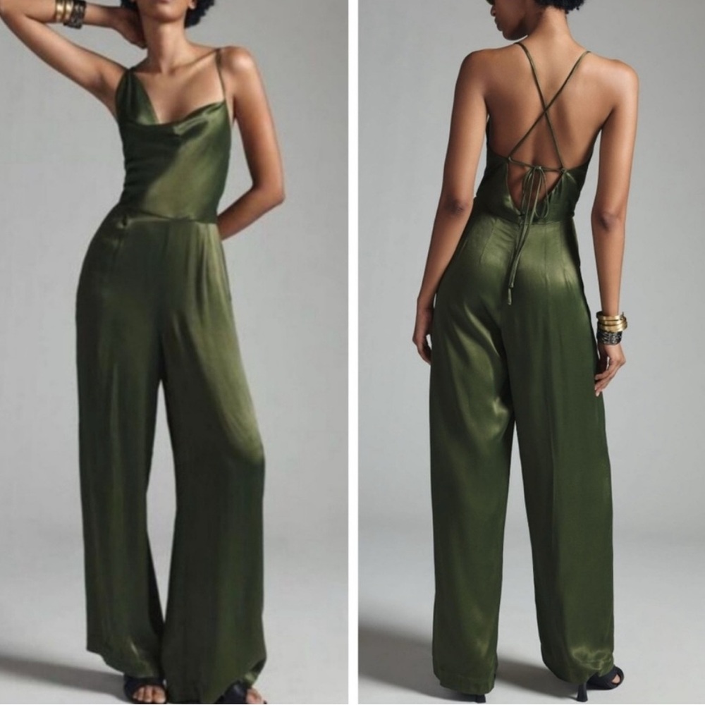 Anthropologie Satin Olive Jumpsuit